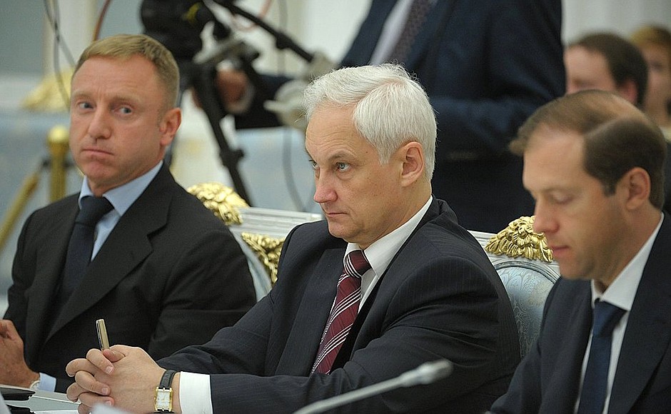 Meeting of the Council for Science and Education. From left to right: Education and Science Minister Dmitry Livanov, Presidential Aide Andrei Belousov, and Industry and Trade Minister Denis Manturov.