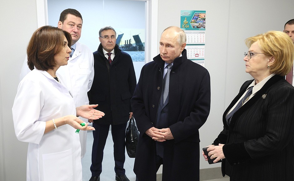 During a visit to the medical treatment and prevention center of the St Petersburg State Marine University. With head of the Federal Medical-Biological Agency Veronika Skvortsova, right.