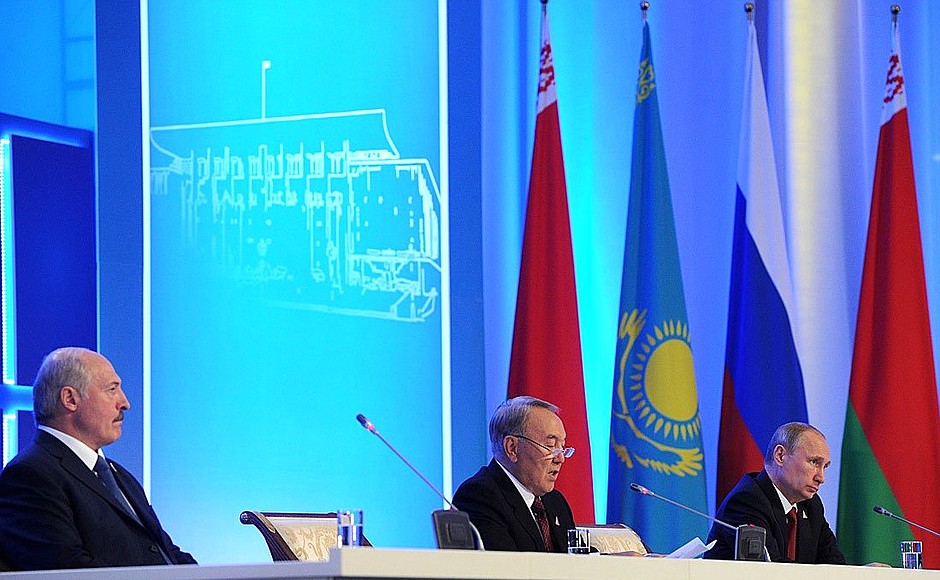 Vladimir Putin, President of Kazakhstan Nursultan Nazarbayev (centre) and President of Belarus Alexander Lukashenko make press statements following the Supreme Eurasian Economic Council meeting.