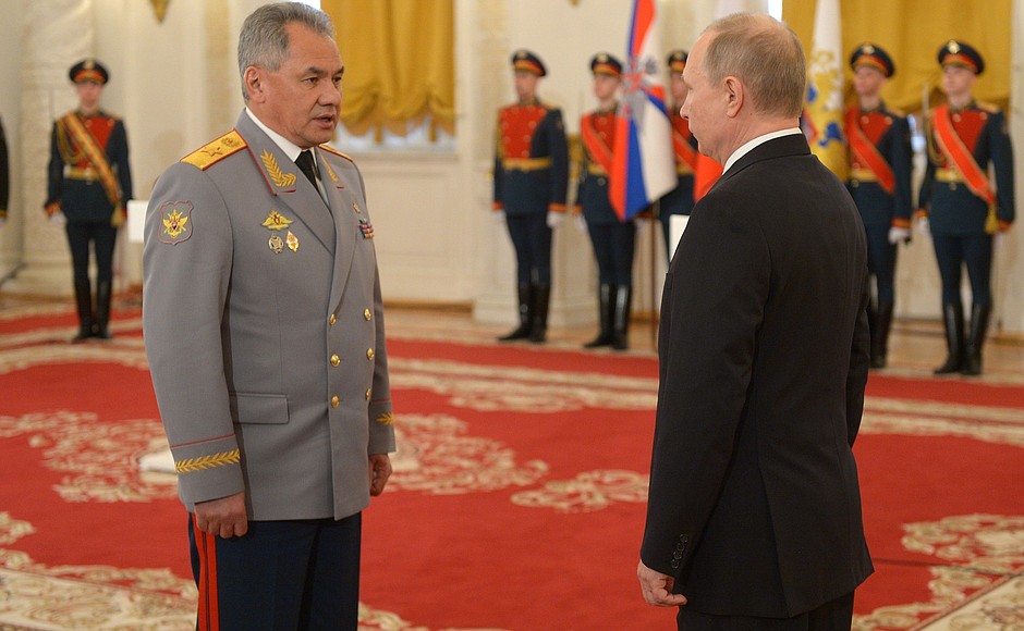 Beginning of the ceremony for presenting national awards. With Defence Minister Sergei Shoigu.