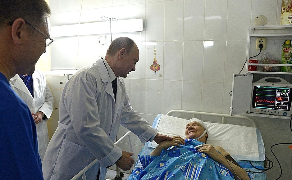 During a visit to one of the hospitals where people injured in the terrorist attacks are being treated.