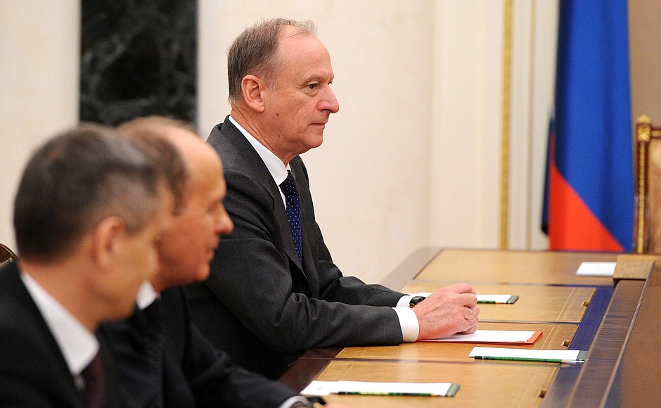 Before a meeting with permanent members of the Security Council. From left to right: Secretary of the Security Council Nikolai Patrushev, Director of the Federal Security Service Alexander Bortnikov, and Deputy Secretary of the Security Council Rashid Nurgaliyev.
