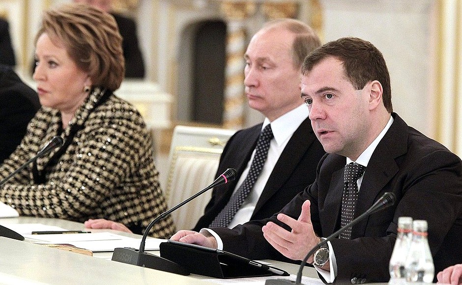 At State Council meeting. With Prime Minister Vladimir Putin and Council of Federation speaker Valentina Matviyenko.
