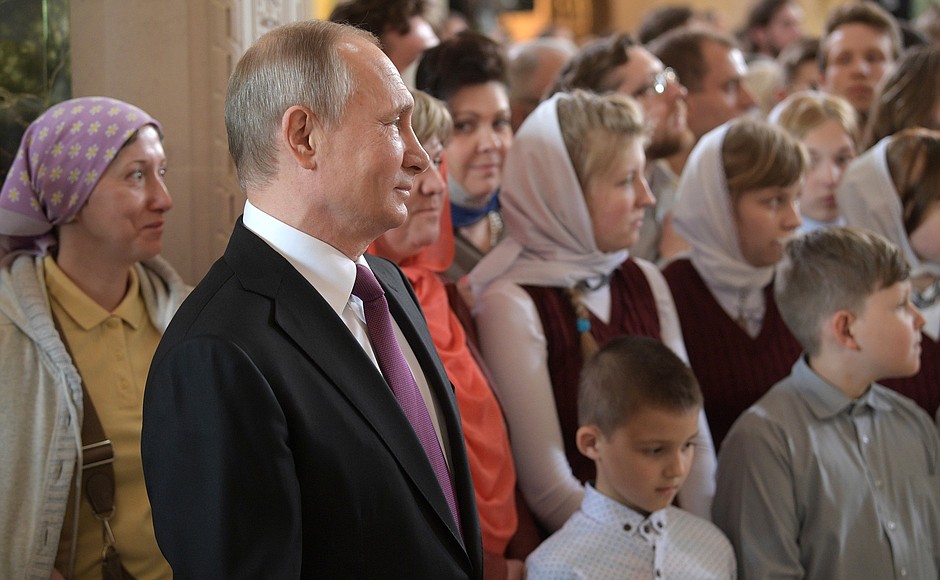 At a ceremony consecrating the Church of the Resurrection of Christ and the New Martyrs and Confessors of the Russian Church at the Sretensky Monastery in Moscow.