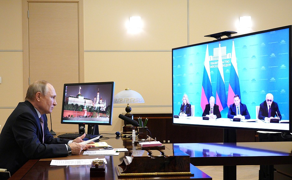 A ceremony of signing a General Agreement between Russian trade union associations, Russian employers’ associations, and the Government for 2021–2023 (via videoconference).