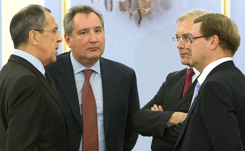 Russian Foreign Minister Sergei Lavrov, Russian Permanent Envoy to NATO Dmitry Rogozin, Deputy Foreign Minister Alexander Grushko and Chairman of the State Duma International Affairs Committee Konstantin Kosachev (left to right) before beginning of meeting with participants in the Munich Conference on Security Policy. Meeting with participants in the Munich Conference on Security Policy.