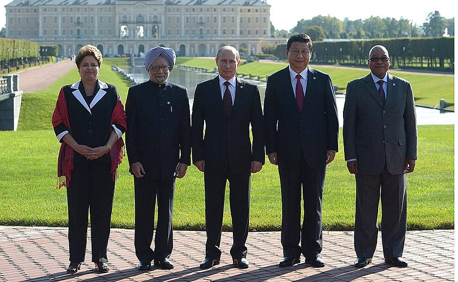 BRICS summit participants. Left to right: President of Brazil Dilma Rousseff, Prime Minister of India Manmohan Singh, Vladimir Putin, President of China Xi Jinping, and President of South Africa Jacob Zuma.
