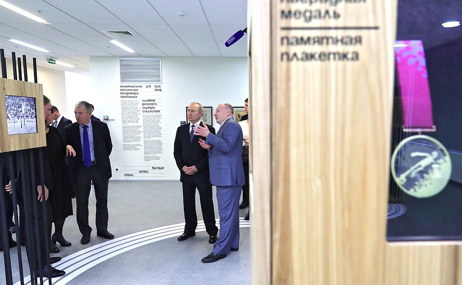 During his visit to the Russian International Olympic University, the President toured a private collection of Olympic artifacts that belongs to Interros President Vladimir Potanin.