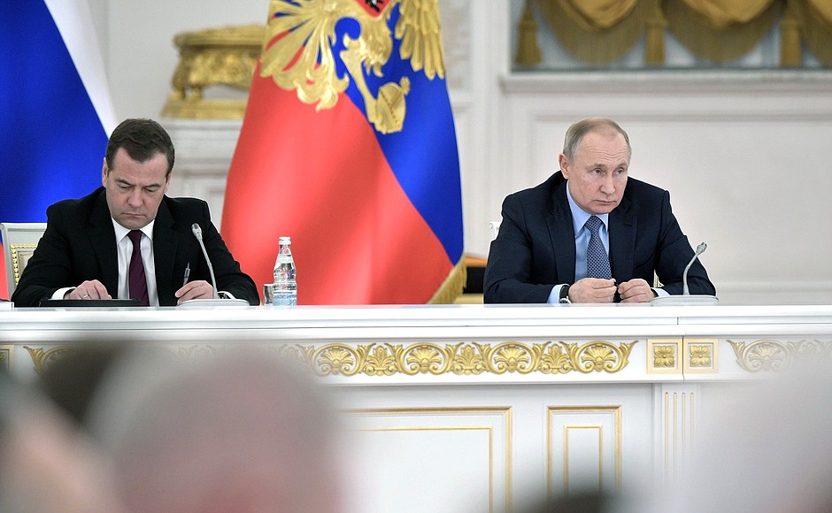 With Prime Minister Dmitry Medvedev at the meeting of the State Council.