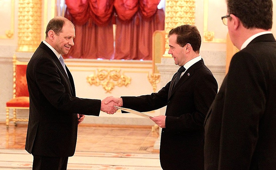 Presentation by foreign ambassadors of their letters of credence. Dmitry Medvedev receives a letter of credence from Ambassador of the Republic of Iceland Albert Jonsson.