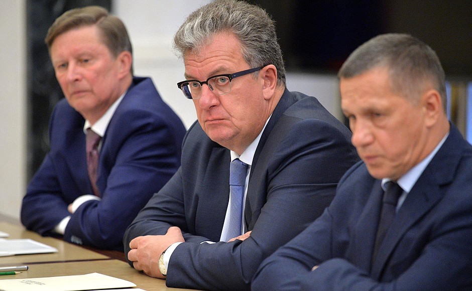 At a meeting with Government members. From left to right: Chief of Staff of the Presidential Executive Office Sergei Ivanov, Deputy Prime Minister of the Russian Federation – Chief of the Government Staff Sergei Prikhodko, Deputy Prime Minister of the Russian Federation – Presidential Plenipotentiary Envoy to the Far Eastern Federal District Yury Trutnev.