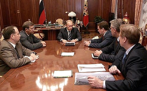A meeting with the head of the Presidential Administration, Dmitri Medvedev, head of the Federal Agency for Physical Culture and Sport, Vyacheslav Fetisov, President of the Russian Olympic Commitee, Leonid Tyagachev, President of Sistema, Vladimir Evtushenkov, and chairman of the board of directors of Novolipetsk Steel, Vladimir Lisin.