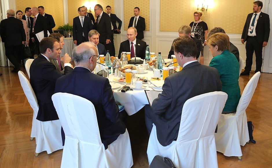 Working breakfast with Federal Chancellor of Germany Angela Merkel and President of France Emmanuel Macron.