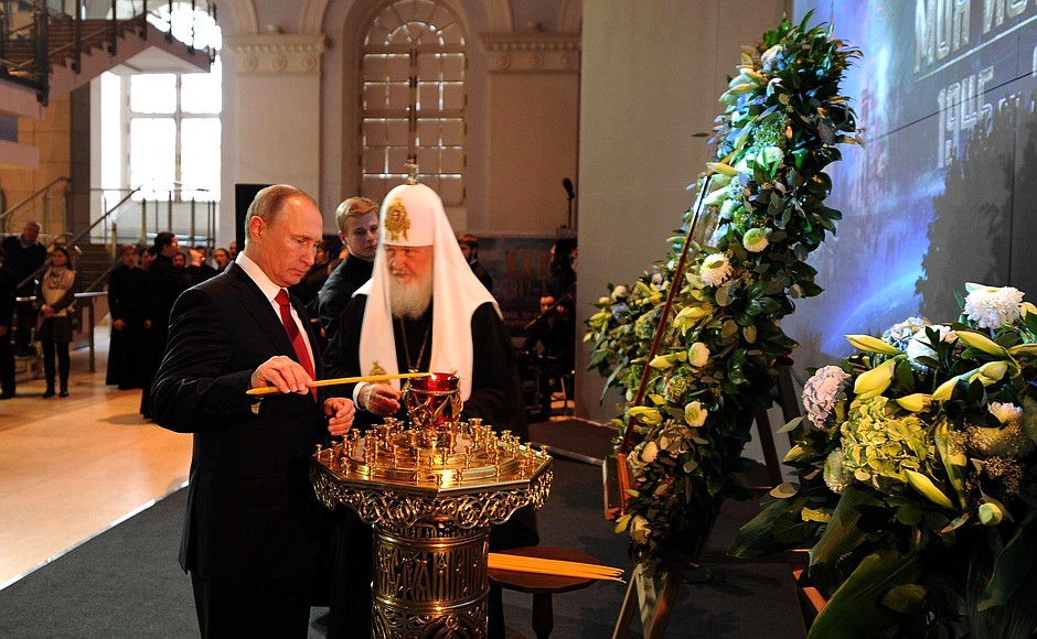 With Patriarch Kirill of Moscow and All Russia during a tour of the Orthodox Russia exhibition and forum.