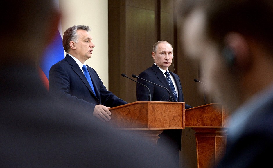 News conference following Russian-Hungarian talks. With Hungarian Prime Minister Viktor Orban.