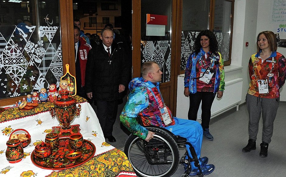 Visiting the Paralympic Mountain Village. With Sergei Shilov, mayor of the Paralympic Mountain Village and six-times Paralympics champion, seven-times world champion and four-times European champion in cross-country skiing.