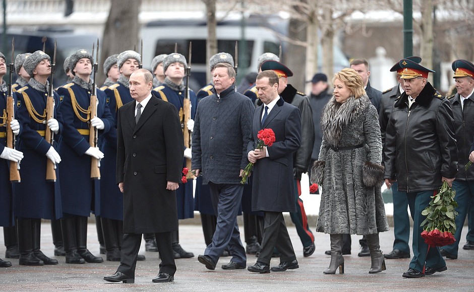 On Defender of the Fatherland Day, Vladimir Putin laid a wreath at the Tomb of the Unknown Soldier. With Chief of Staff of the Presidential Executive Office Sergei Ivanov, Prime Minister Dmitry Medvedev, Federation Council Speaker Valentina Matviyenko, Defence Minister Sergei Shoigu.
