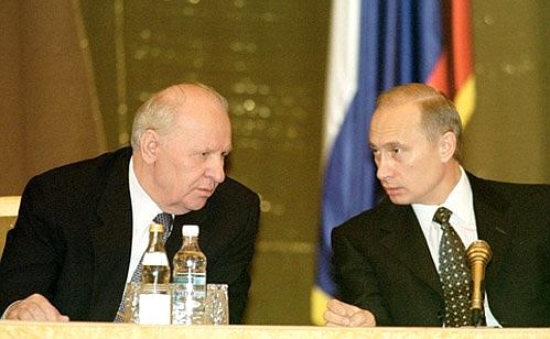 President Putin with Federation Council Speaker Yegor Stroyev during a gala meeting on the 10th anniversary of the Russian Constitutional Court.
