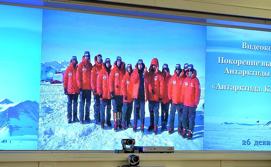 Video linkup with Russian Antarctic expedition.