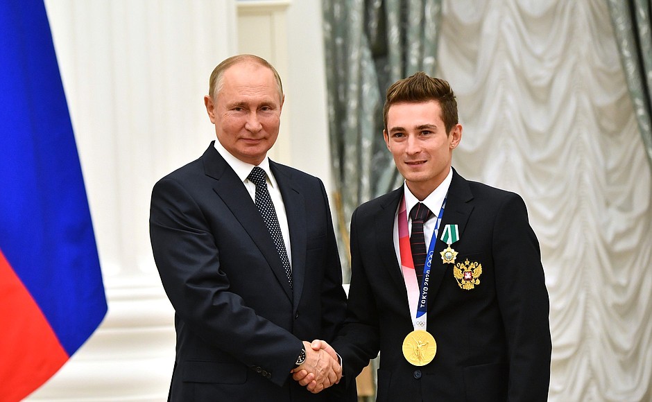 Ceremony for presenting state decorations to winners of the 2020 Summer Olympics in Tokyo. The Order of Friendship is awarded to 2020 Olympics champion in men’s gymnastics team event David Belyavsky.