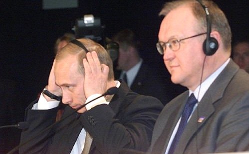President Putin attending a joint news conference with Swedish Prime Minister Goran Persson at the end of a summit of heads of state and government of the European Union.