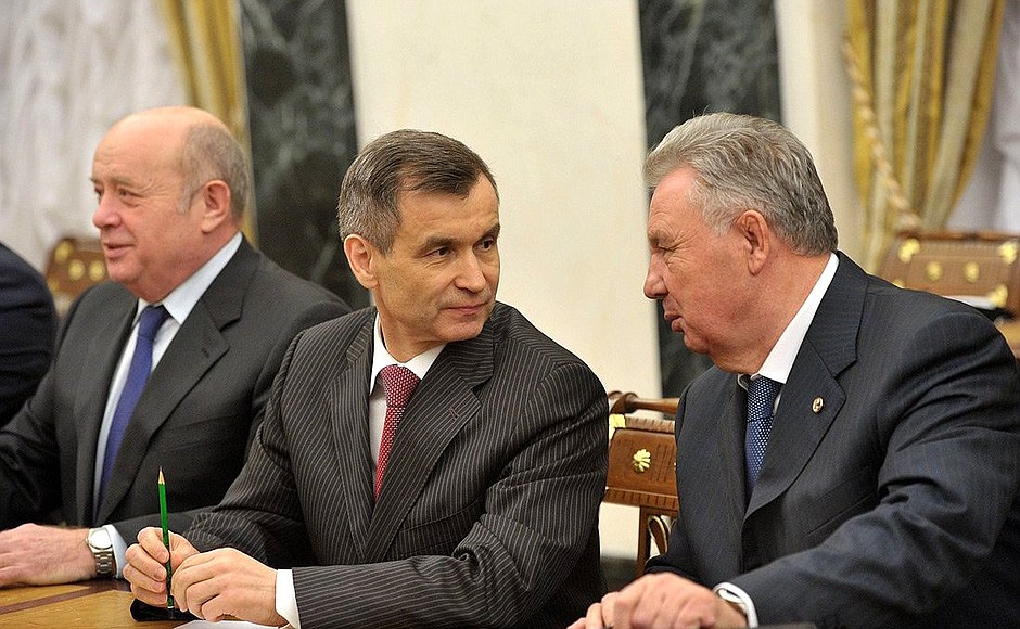 Before the start of an expanded format meeting of the Security Council. Left to right: Director of the Foreign Intelligence Service Mikhail Fradkov, Deputy Secretary of the Security Council Rashid Nurgaliyev, Minister in charge of Russia’s Far East Development and Presidential Plenipotentiary Envoy to the Far Eastern Federal District Viktor Ishayev.