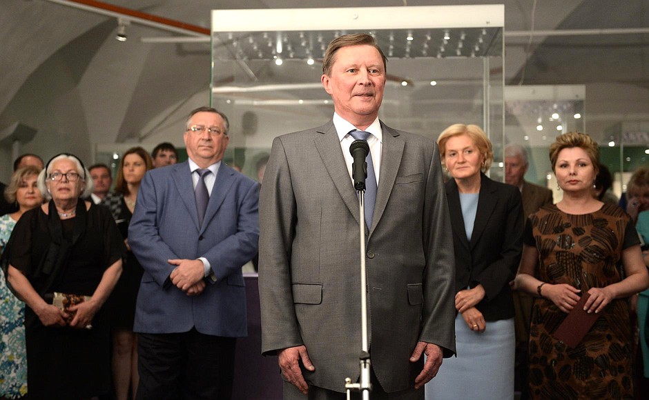 Chief of Staff of the Presidential Executive Office, Chair of the Board of Trustees of the Moscow Kremlin Museums Sergei Ivanov attended the opening of the exhibition Sculptor Vasily Konovalenko: Enchanted by Stone, at the Kremlin.