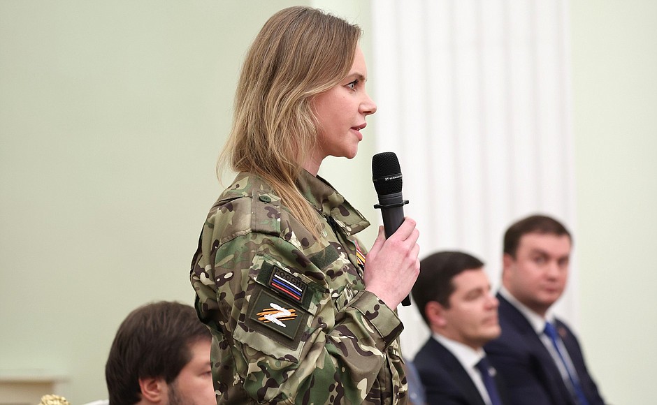 Volunteer in the special military operation zone, medical nurse Alexandra Rodionova during the meeting with the winners of the Leaders of Russia competition.