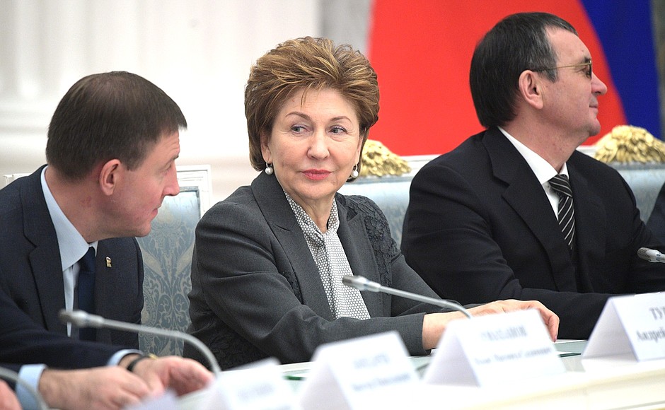 Deputy Speaker of the Federation Council Andrei Turchak (left), Deputy Speaker of the Federation Council Galina Karelova and First Deputy Speaker of the Federation Council Nikolai Fedorov at the meeting with the leaders of the Federation Council and the State Duma.
