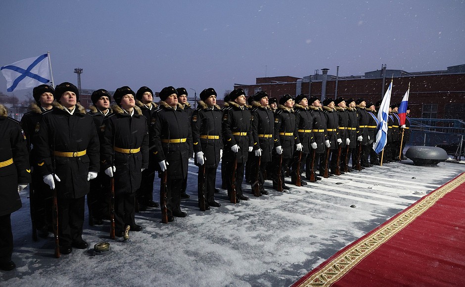 Sailors in a ceremonial formation on frigate Admiral Kasatonov.