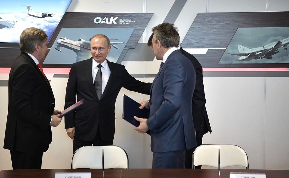 Aeroflot, United Aircraft Corporation and Vnesheconombank sign a contract on delivering 20 Sukhoi Superjet100 aircraft to Aeroflot, in the presence of Vladimir Putin, at the International Aviation and Space Salon MAKS-2017.