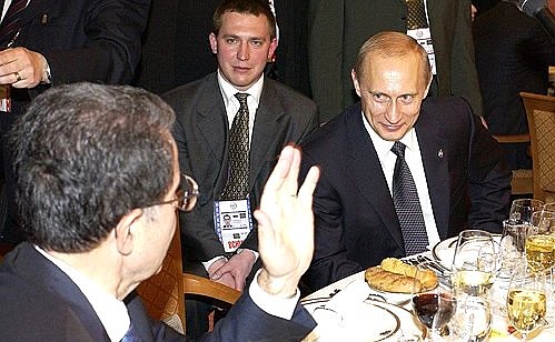 President Putin with European Commission President Romano Prodi (far right) at an official dinner in honour of the heads of state and their spouses who arrived in St Petersburg to mark the 300th anniversary of the city.