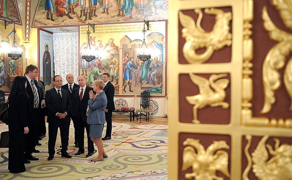 With President of France Francois Hollande during tour of Moscow Kremlin.