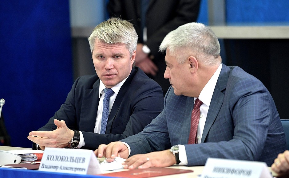 Russian Sports Minister Pavel Kolobkov (left) and Interior Minister Vladimir Kolokoltsev before the meeting of the Supervisory Board of the 2018 FIFA World Cup Russia Local Organising Committee.
