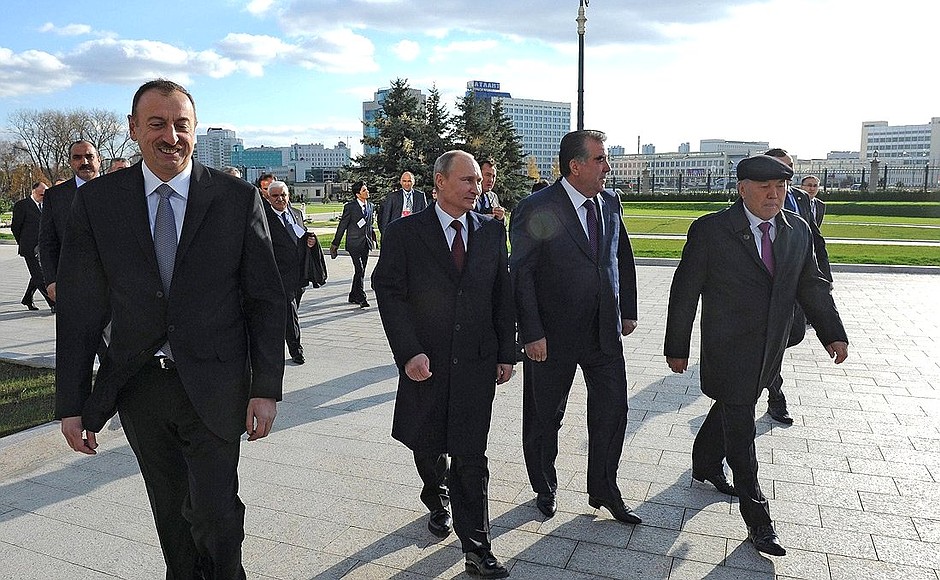 At a groundbreaking ceremony for the Avenue of Honoured Guests. With President of Azerbaijan Ilham Aliyev, President of Tajikistan Emomali Rahmon, and President of Kazakhstan Nursultan Nazarbayev.