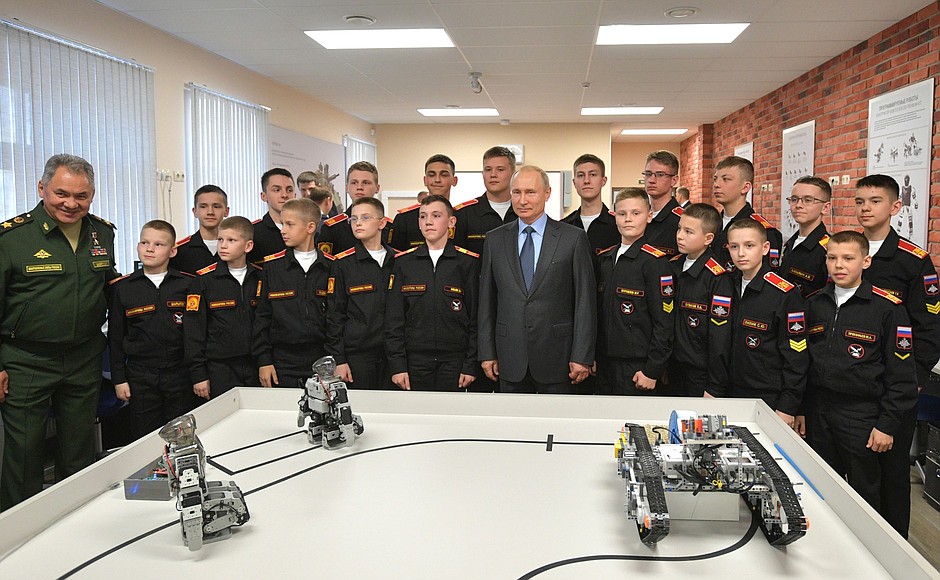 With cadets of the St Petersburg Suvorov Military Academy.