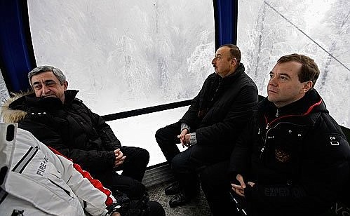 At the Krasnaya Polyana ski resort. With President of Azerbaijan Ilham Aliyev and President of Armenia Serzh Sargsyan (left)..