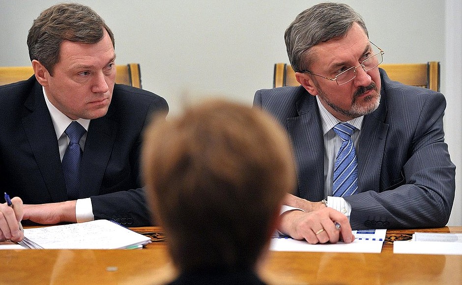 Meeting on improving efficacy of asset management in power supply sector. Chairman of the Federal Grid Company of Unified Energy System Oleg Budargin and head of the Federal Tariff Service Sergei Novikov (right).
