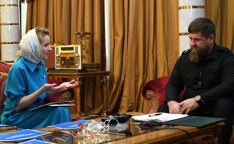 Presidential Commissioner for Children's Rights Maria Lvova-Belova on a working trip to Chechnya. At a meeting with Head of the Chechen Republic Ramzan Kadyrov.