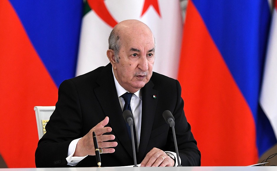 President of Algeria Abdelmadjid Tebboune making a statement for the media following Russian-Algerian talks.