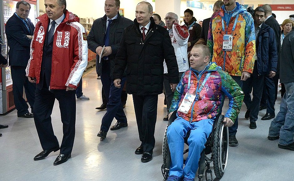 Visiting the Paralympic Mountain Village. With Sports Minister Vitaly Mutko (left) and Sergei Shilov, mayor of the Paralympics Alpine Village and six-times Paralympics champion, seven-times world champion and four-times European champion in cross-country skiing.