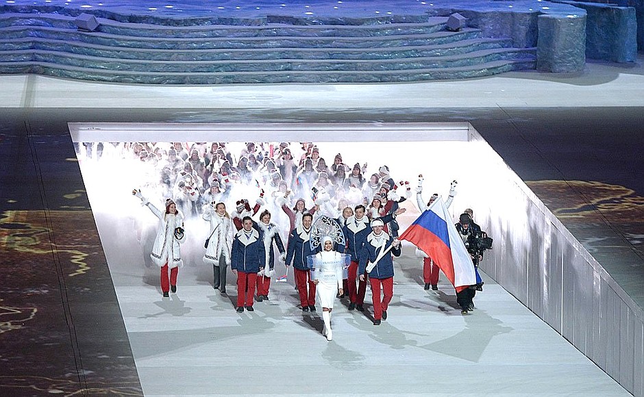 Russia’s team at the Opening Ceremony for the XXII Olympic Winter Games.
