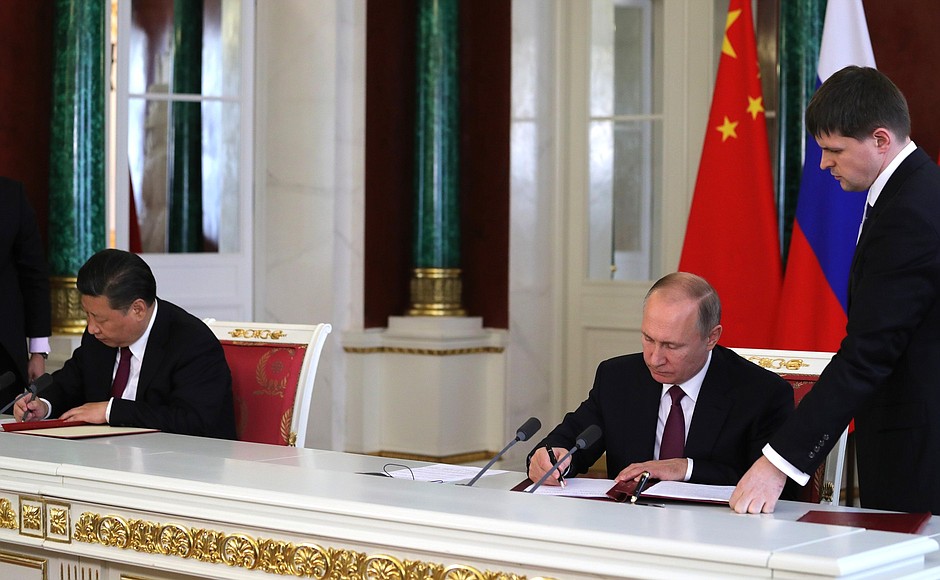 Vladimir Putin and Xi Jinping sign a Joint Statement of the Russian Federation and the People’s Republic of China on the Further Expansion of Comprehensive Partnership and Strategic Cooperation and a Joint Statement of the Russian Federation and the People’s Republic of China on the Current Status of Global Affairs and Important International Issues.