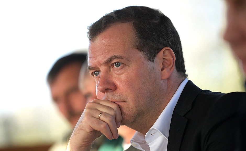 Prime Minister Dmitry Medvedev at the meeting with employees of the Rassvet agricultural company.
