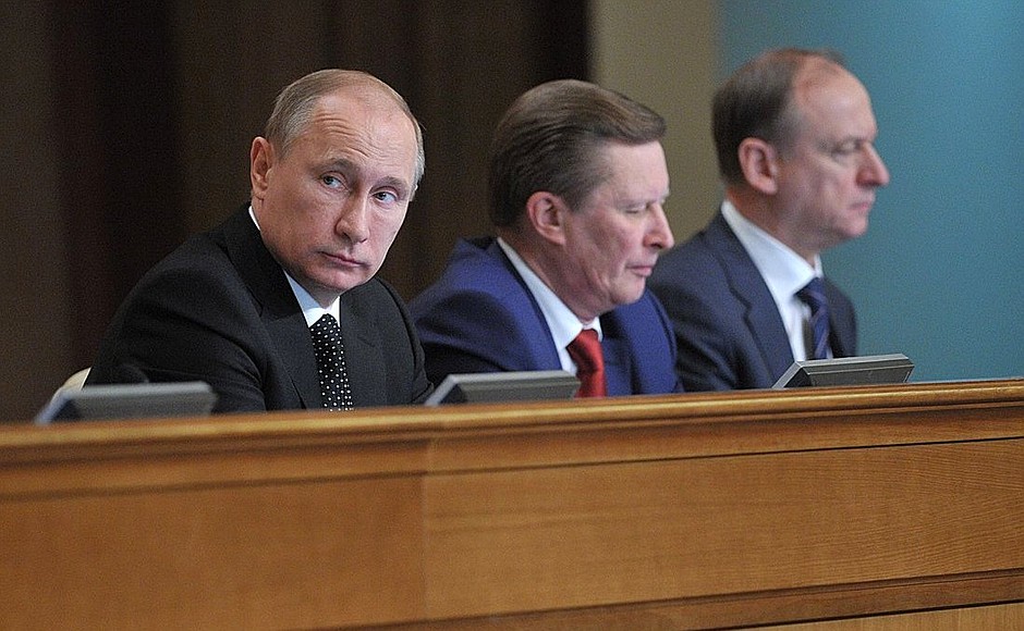 At an expanded meeting of the Defence Ministry Board. Chief of Staff of the Presidential Executive Office Sergei Ivanov (centre) and Secretary of the Security Council Nikolai Patrushev.