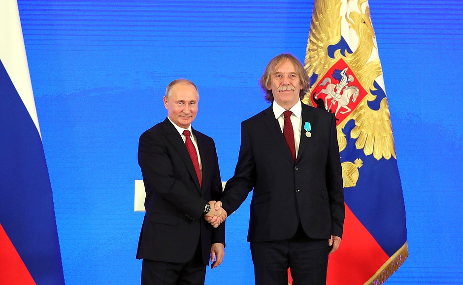 The ceremony for presenting Russian Federation state decorations. Singer and songwriter Jaromir Nohavica (Czech Republic) receives the Medal of Pushkin.