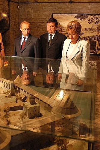 President Putin visiting an archaeological exhibition at the Staraya Ladoga museum-reserve.