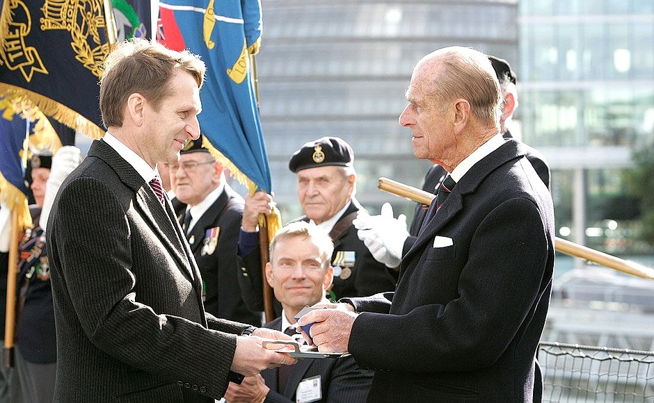 Chief of Staff of the Presidential Executive Office Sergei Naryshkin presented to HRH Prince Philip, Duke of Edinburgh, who fought in World War II, a medal commemorating the 65th anniversary of victory.