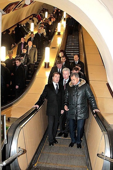 With Moscow Mayor Sergei Sobyanin and Civil Defence, Emergencies and Disaster Relief Minister Sergei Shoigu (right) at the Okhotny Ryad metro station.