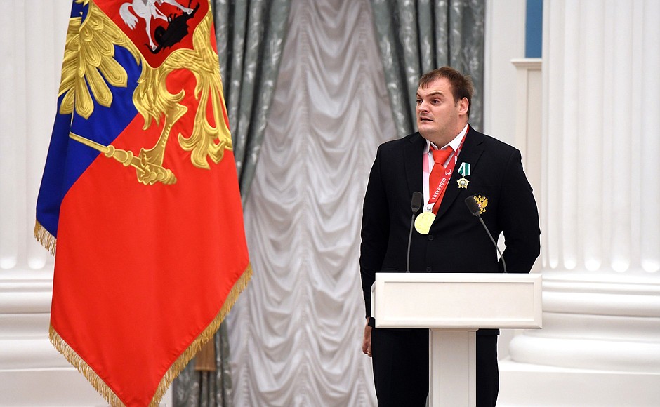 Presenting state decorations to winners of the 2020 Summer Paralympic Games in Tokyo. Paralympic athletics champion Vladimir Sviridov receives the Order of Friendship.